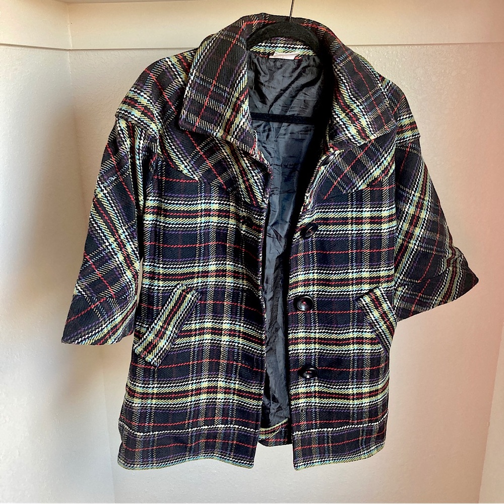 Zara TRF‎ Black Green Plaid Wool Pea Coat Vintage 70s Retro Style Small